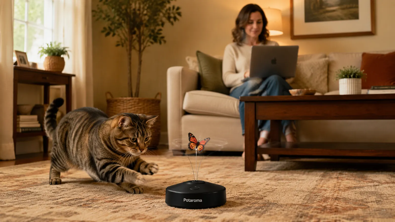Potaroma 3-in-1 cat toy on a hardwood floor showing the butterfly wand and hide-and-seek holes