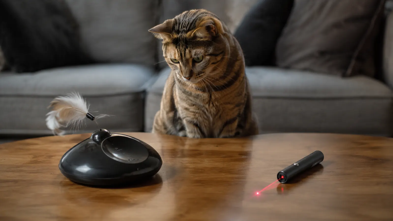 Tabby cat crouching low on a hardwood floor, mid-stalk on a fluttering butterfly toy